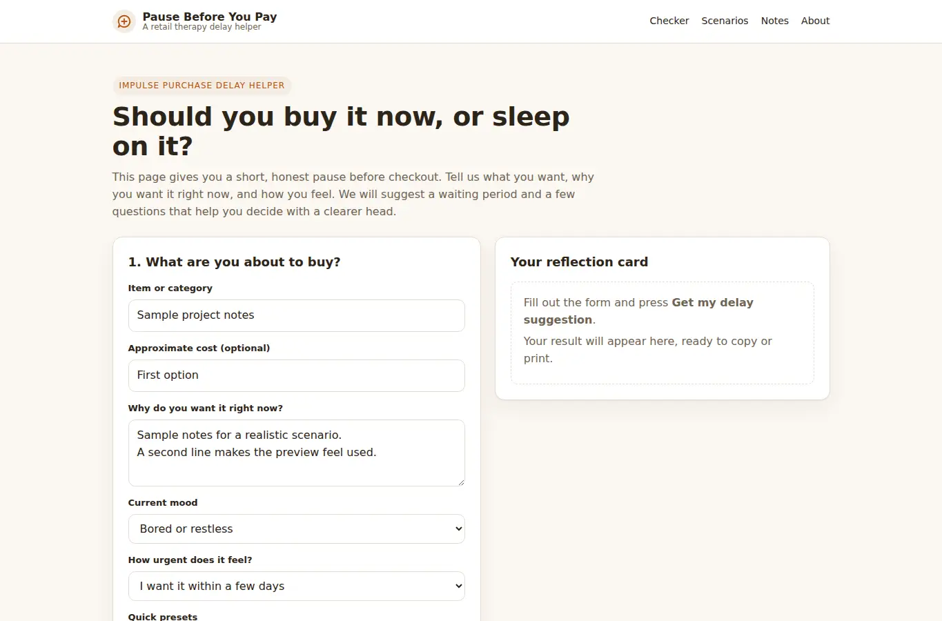 Screenshot of Retail Therapy Delay Decision interface showing the project page in use